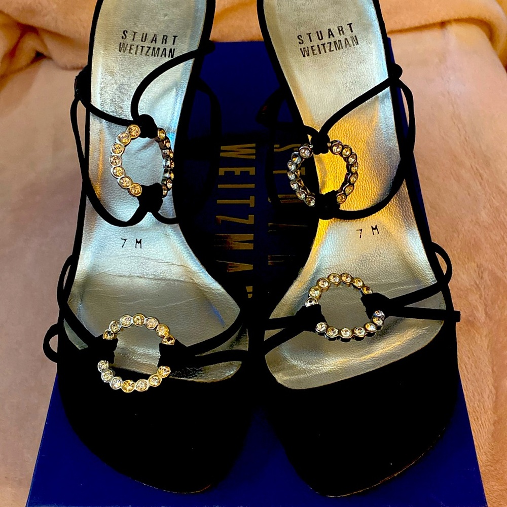 Black Stuart Weitzman ankle wrap diamond encrusted heels